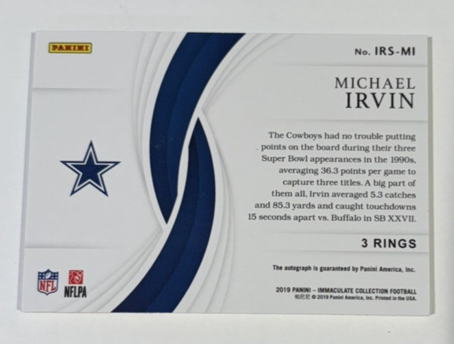 2019 Panini Immaculate Collection Michael Irvin Ring Signatures Auto 1/3