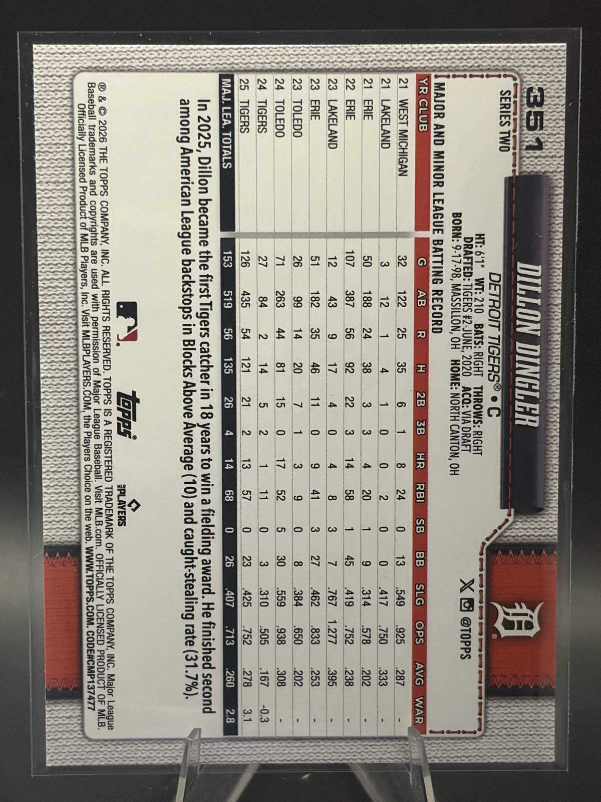 #351 Dillon Dingler 2026 Topps Diamante Foil Detroit Tigers
