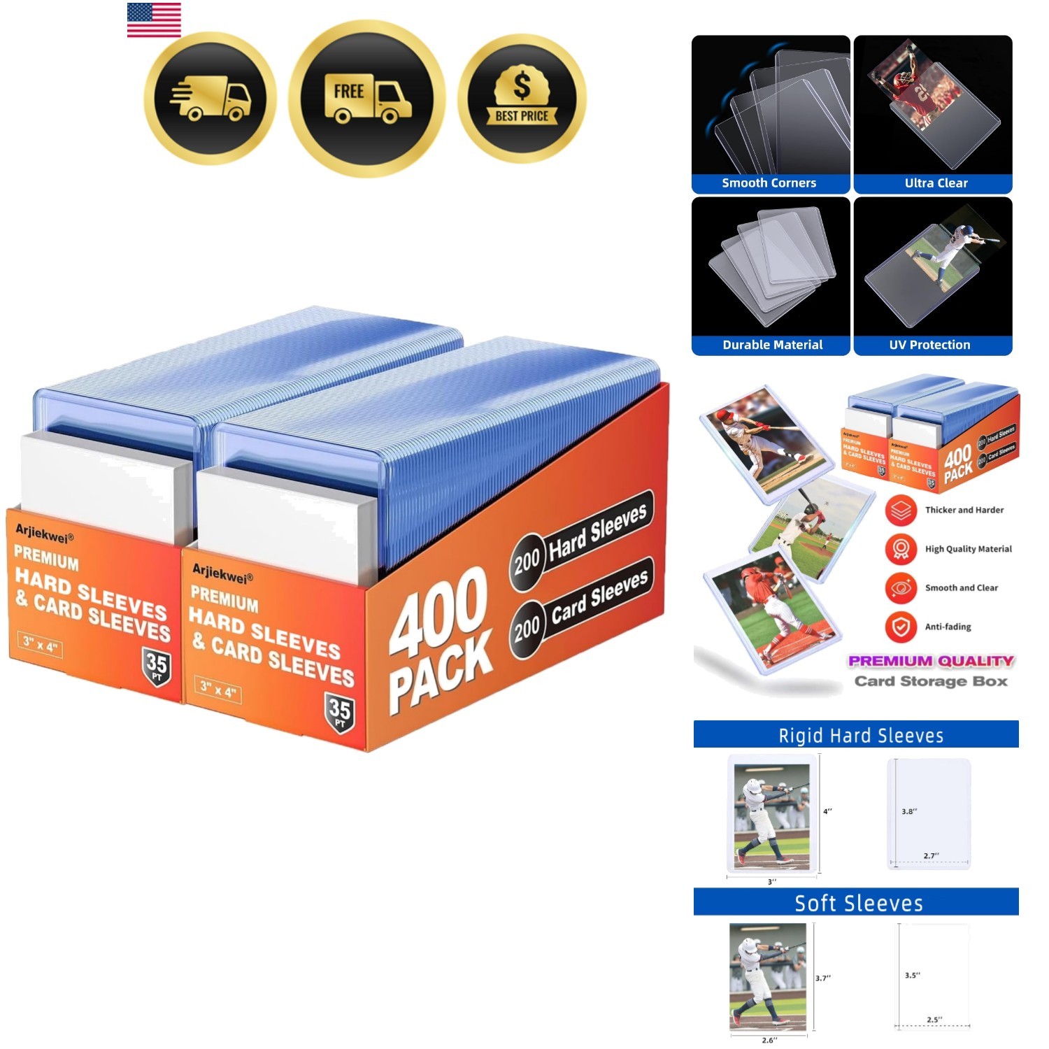 400 Card Sleeves Hard Plastic, 3″X4″ Baseball Cards Protectors Plastic, Card…