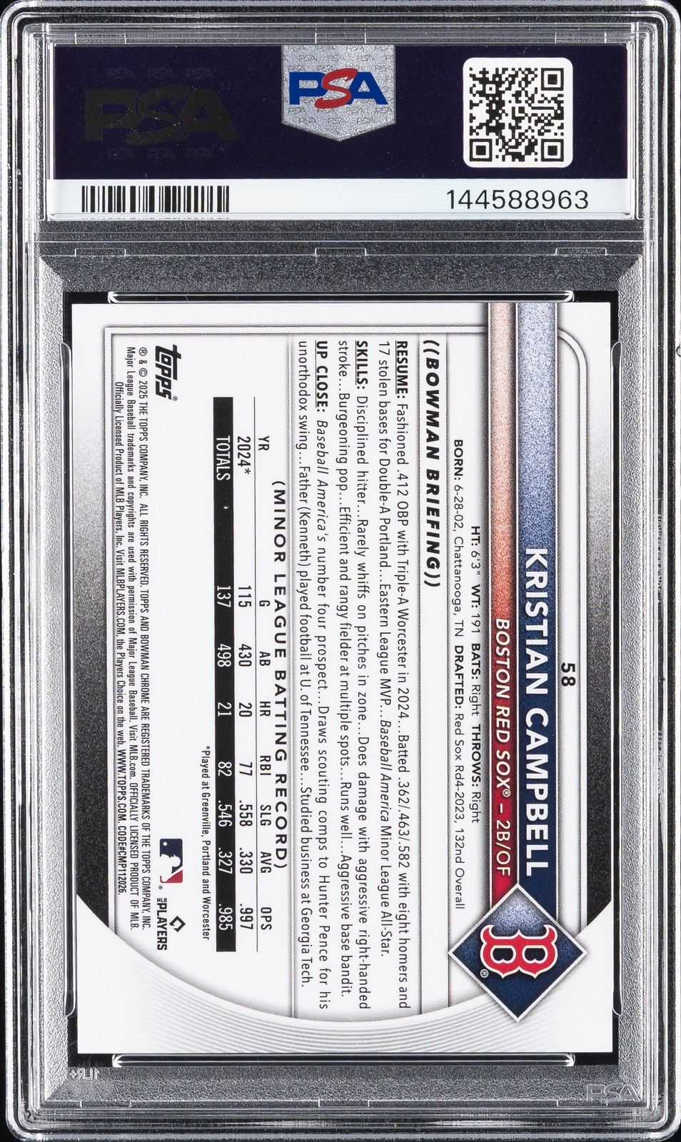 2025 BOWMAN CHROME SAPPHIRE EDITION PADPARADSCHA 1/1 KRISTIAN CAMPBELL 1/1 PSA 9