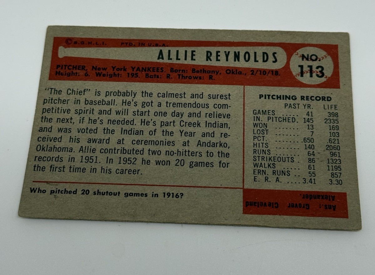 1954 Bowman – Allie Reynolds #113