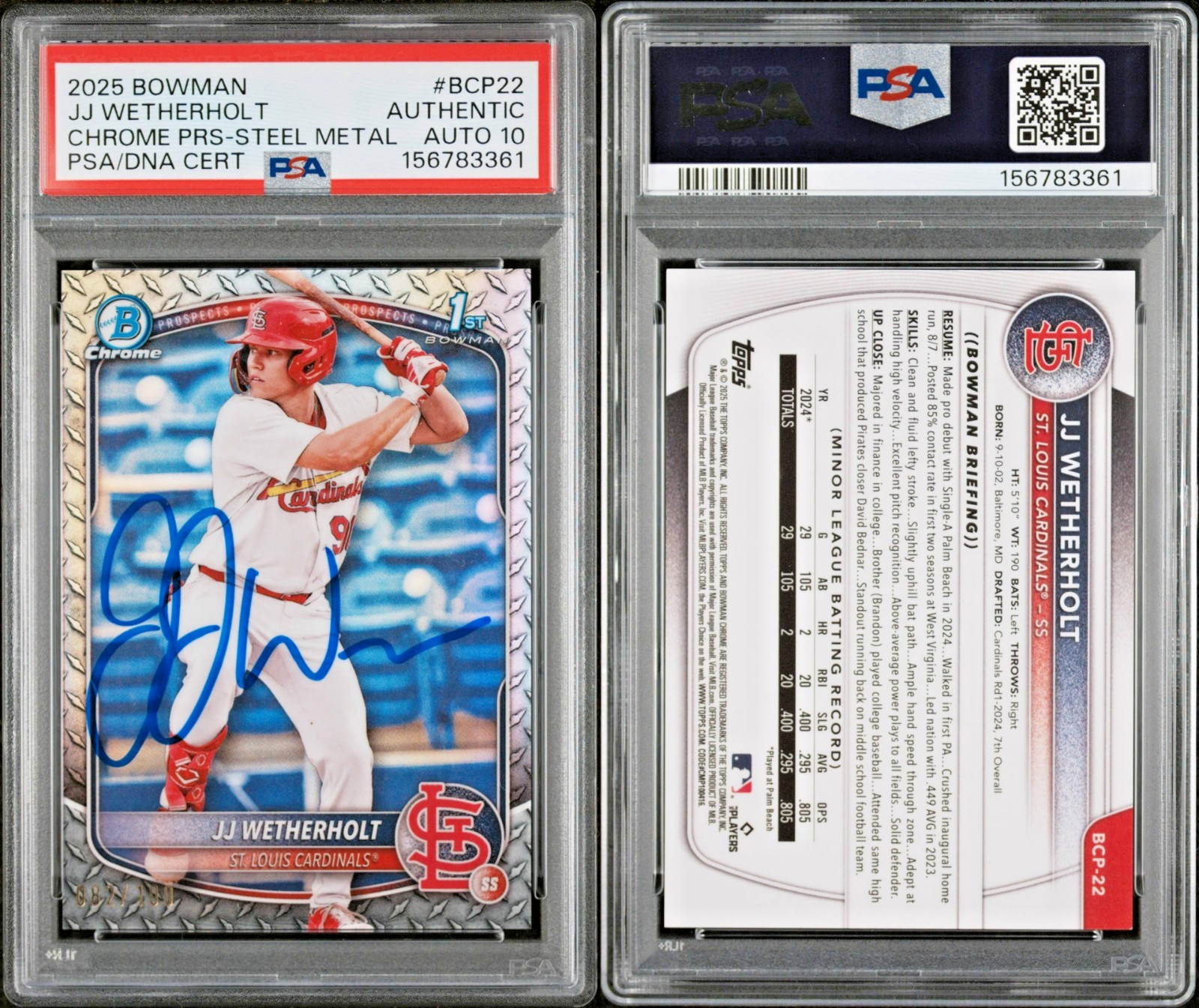 JJ Wetherholt Signed 2025 1st Bowman Steel Metal Refractor /100 PSA Auto Gem 10