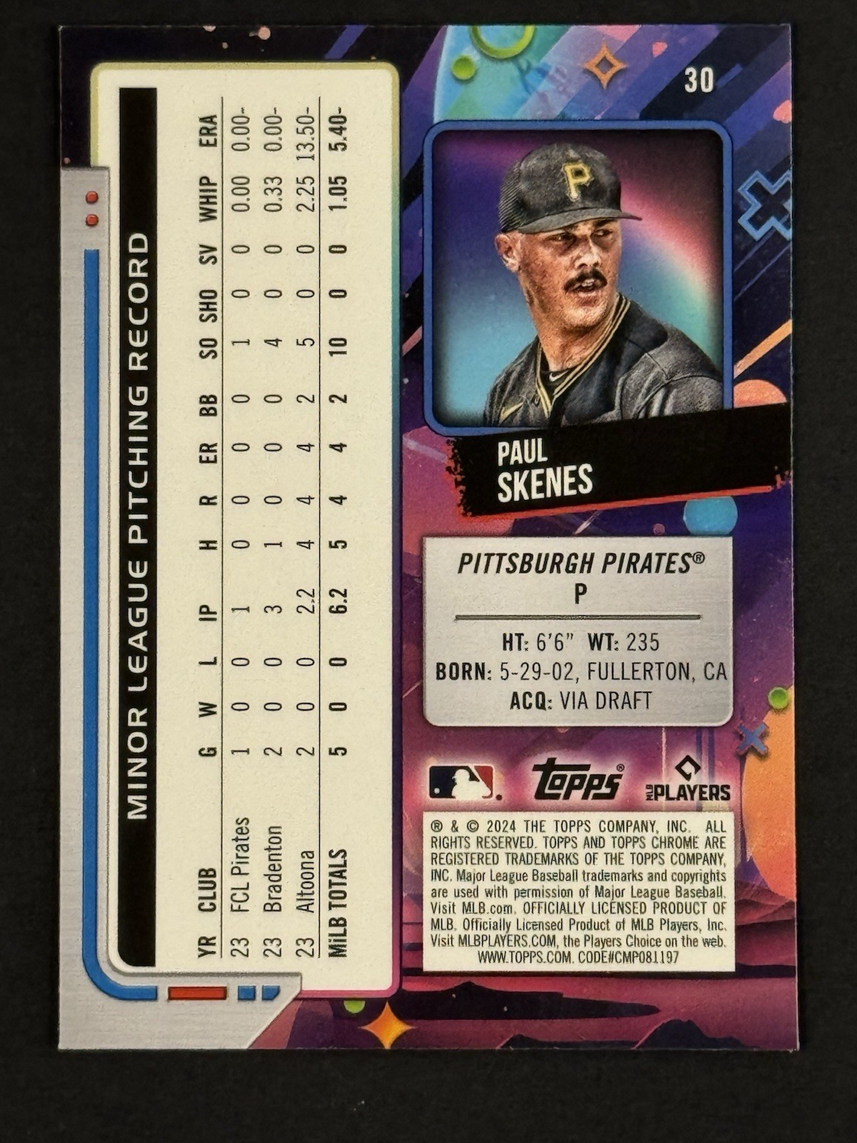 ⭐️Topps 2024 Cosmic Chrome Paul Skenes RC Base Set #30 Pittsburgh Pirates⭐️