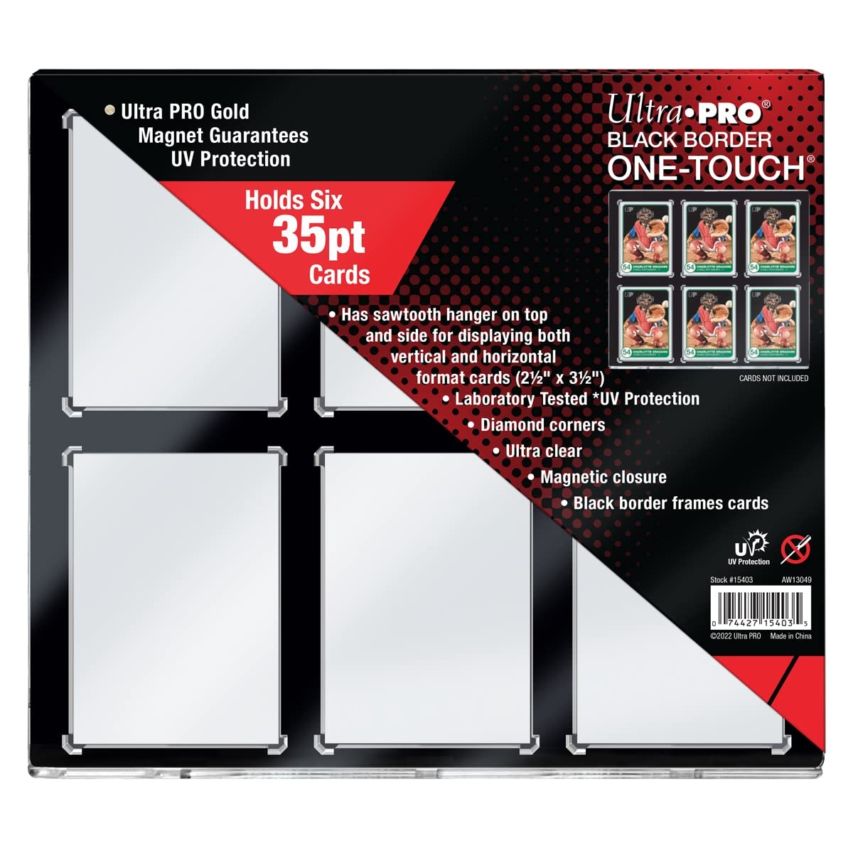 Black Border One Touch Trading Card Display Case Holds 6 Cards with Hangers
