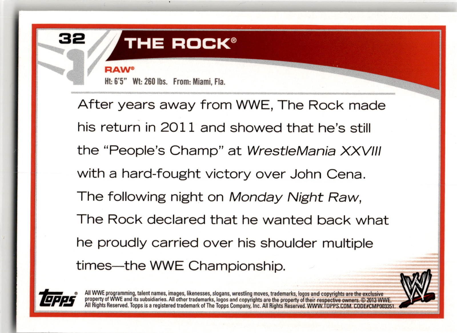 2013 Topps WWE #32 The Rock