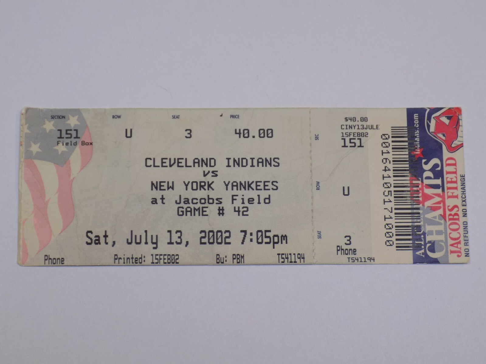 Cleveland Indians New York Yankees MLB Baseball Vintage Ticket Stub July 13 2002