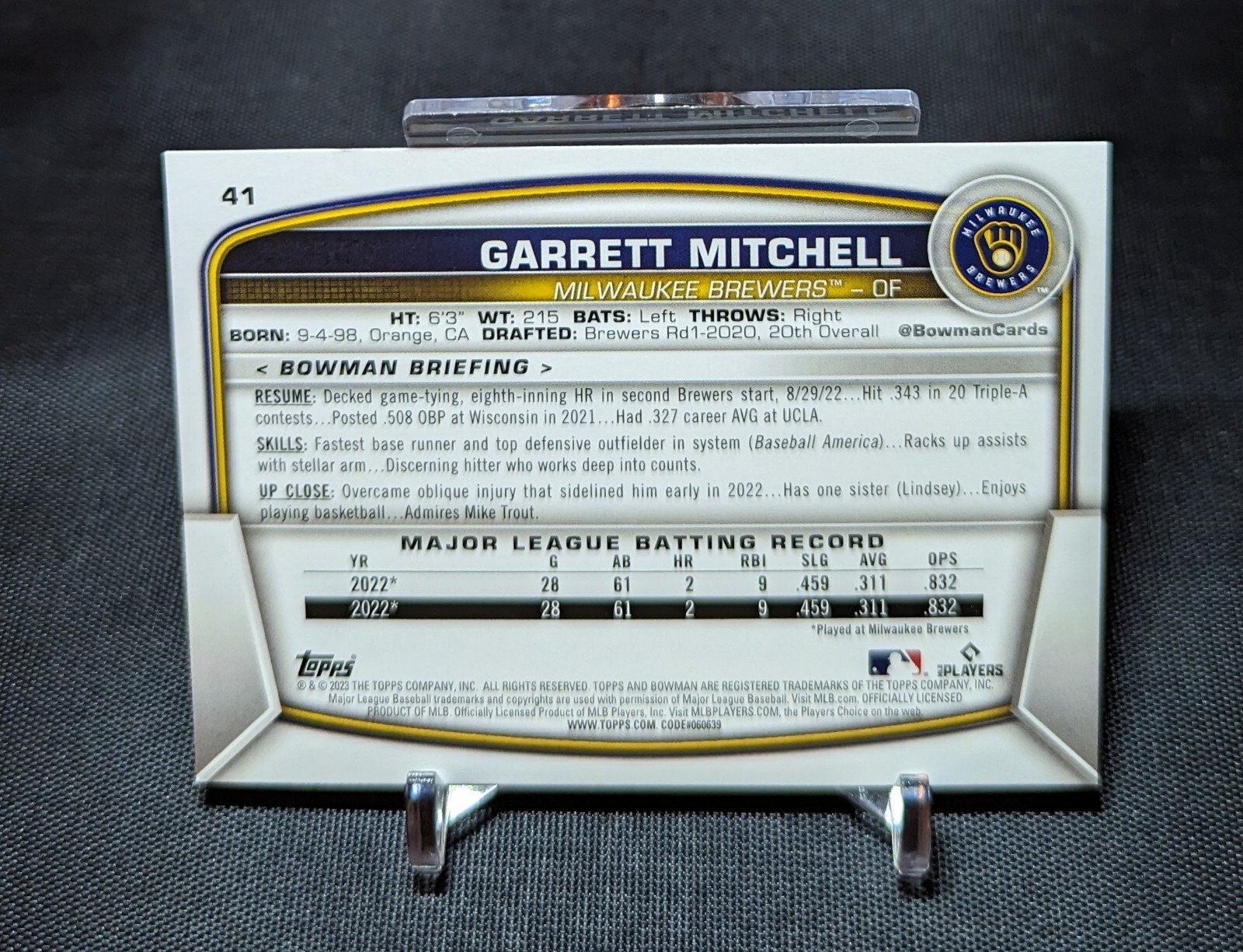 Garrett Mitchell Flagship Rookie Card RC 2023 Bowman Base Milwaukee Brewers #41