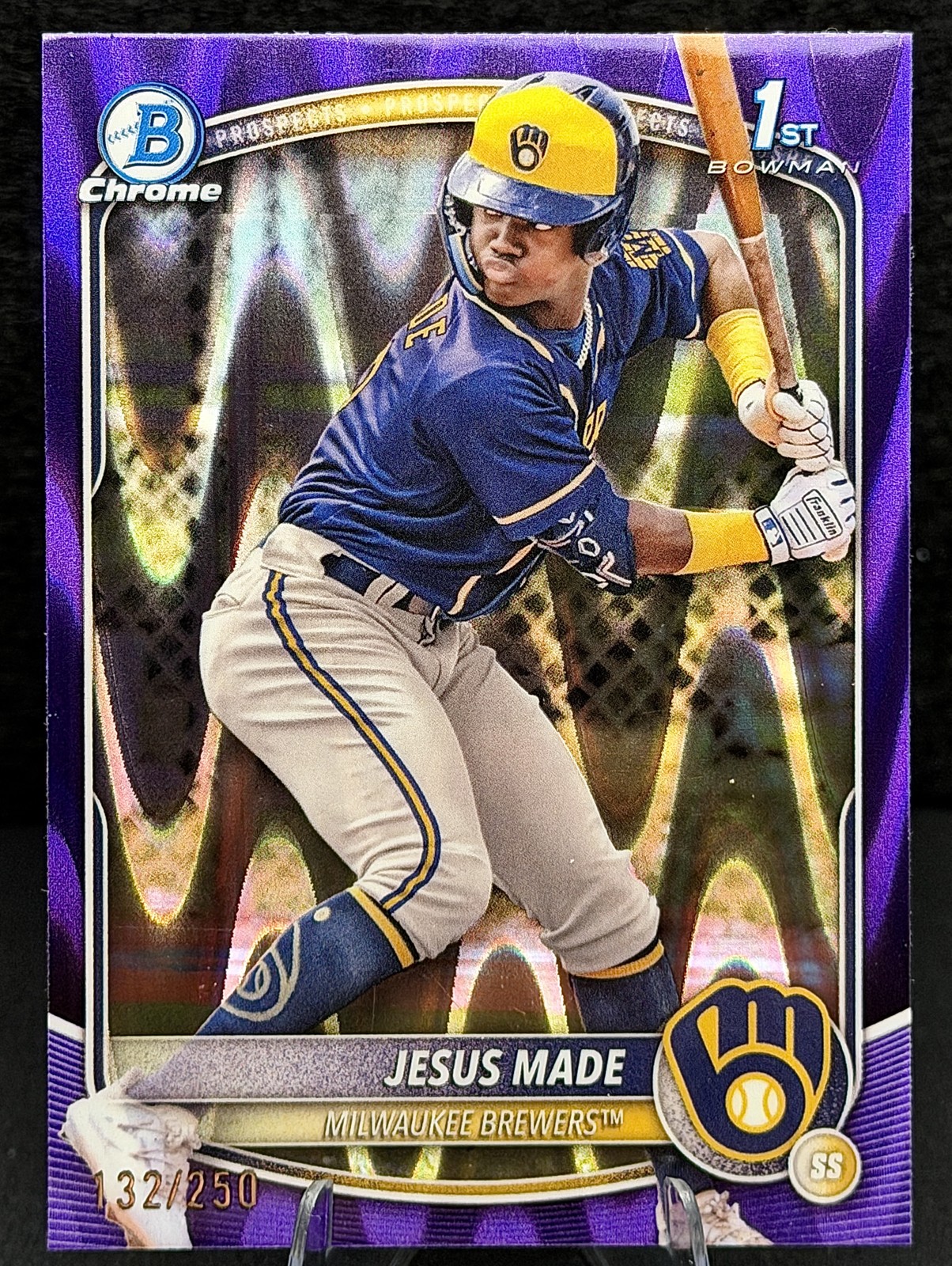 JESUS MADE /250 2025 1st Bowman – Chrome Prospects BCP-50 Purple Raywave Brewers