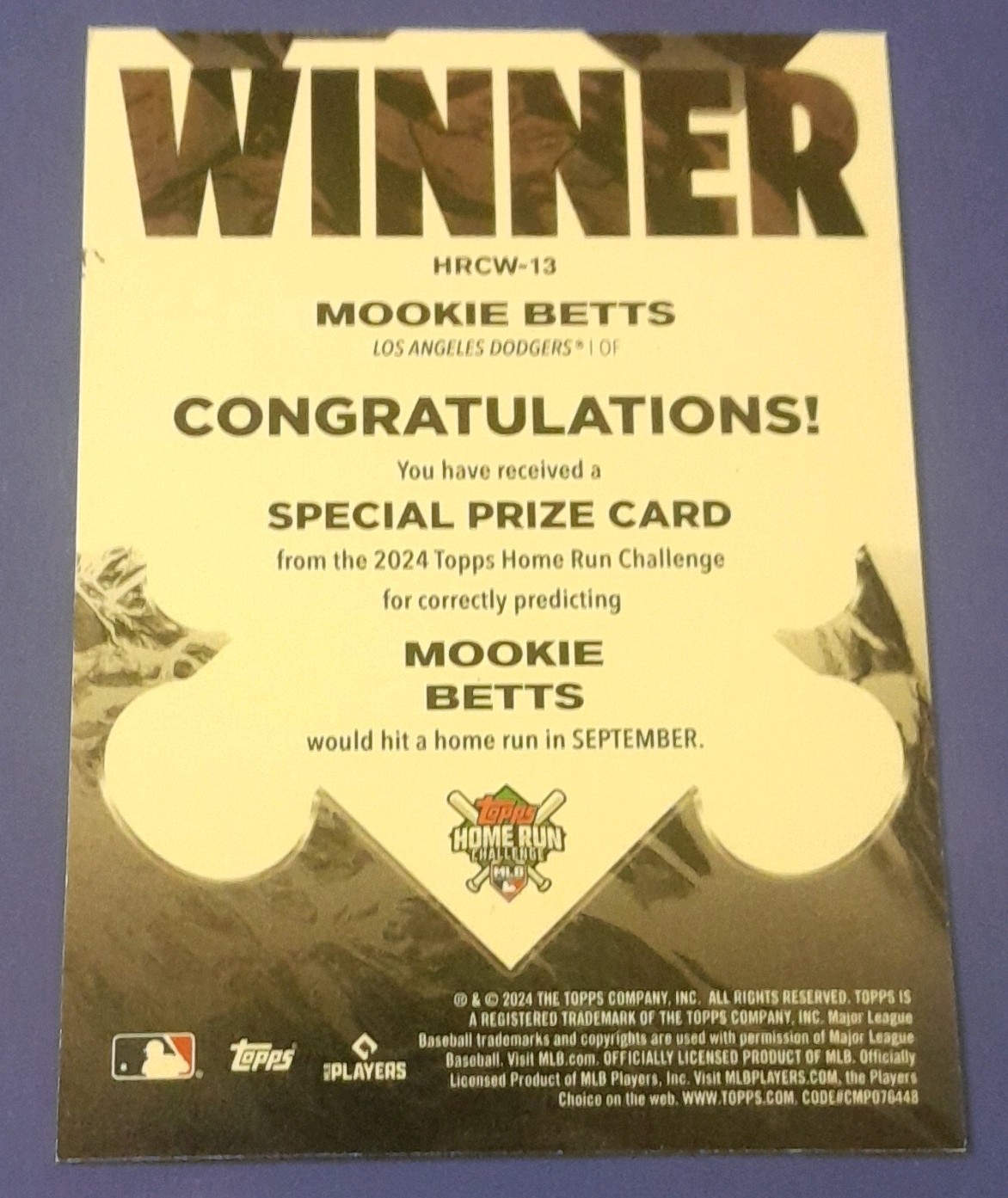 Topps 2024 Home Run Challenge Winners Mookie Betts Dodgers #HRCW-13 Sep 084/929