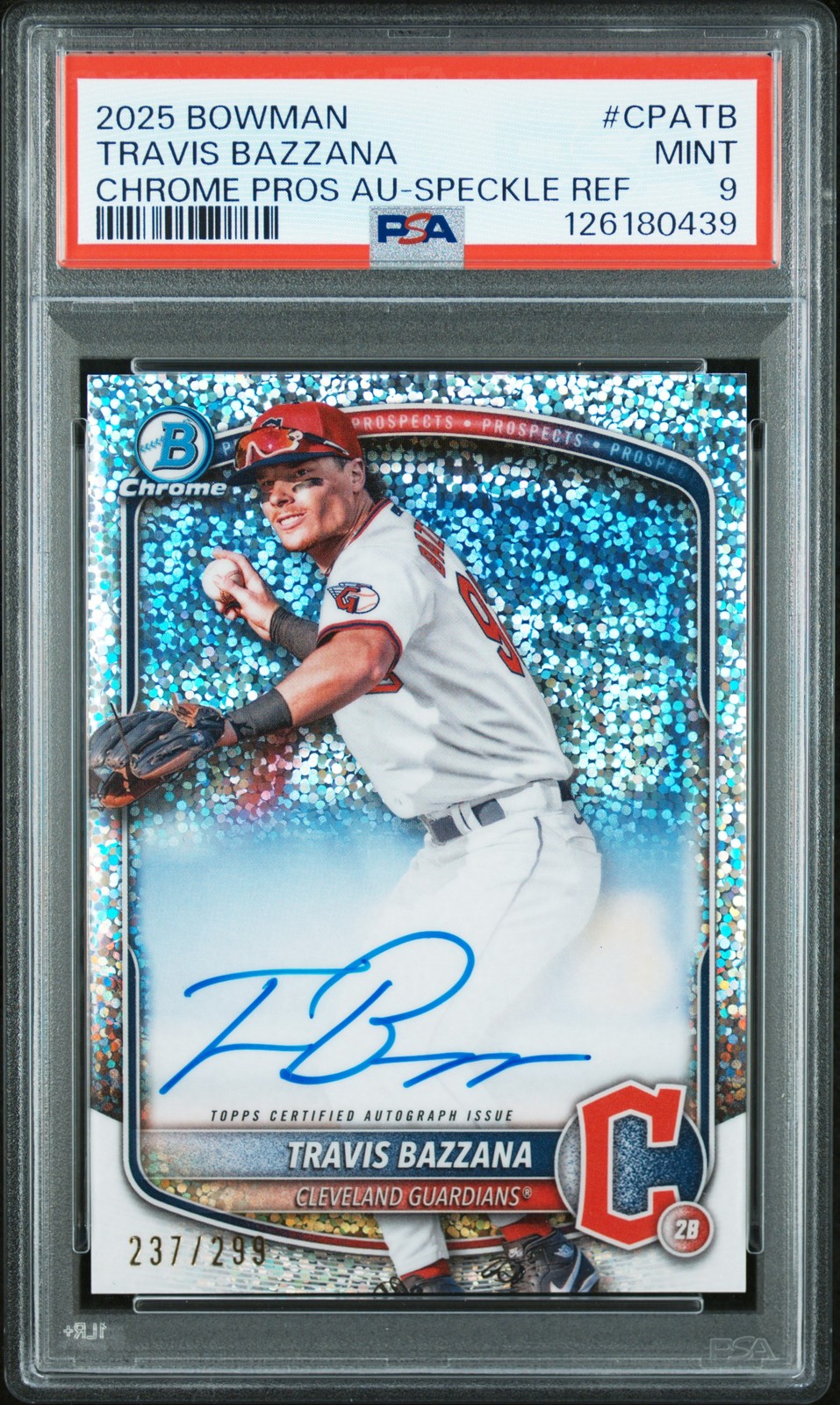 2025 BOWMAN CHROME PROSPECT AUTOS SPECKLE REFRACTOR TRAVIS BAZZANA 237/299 PSA 9