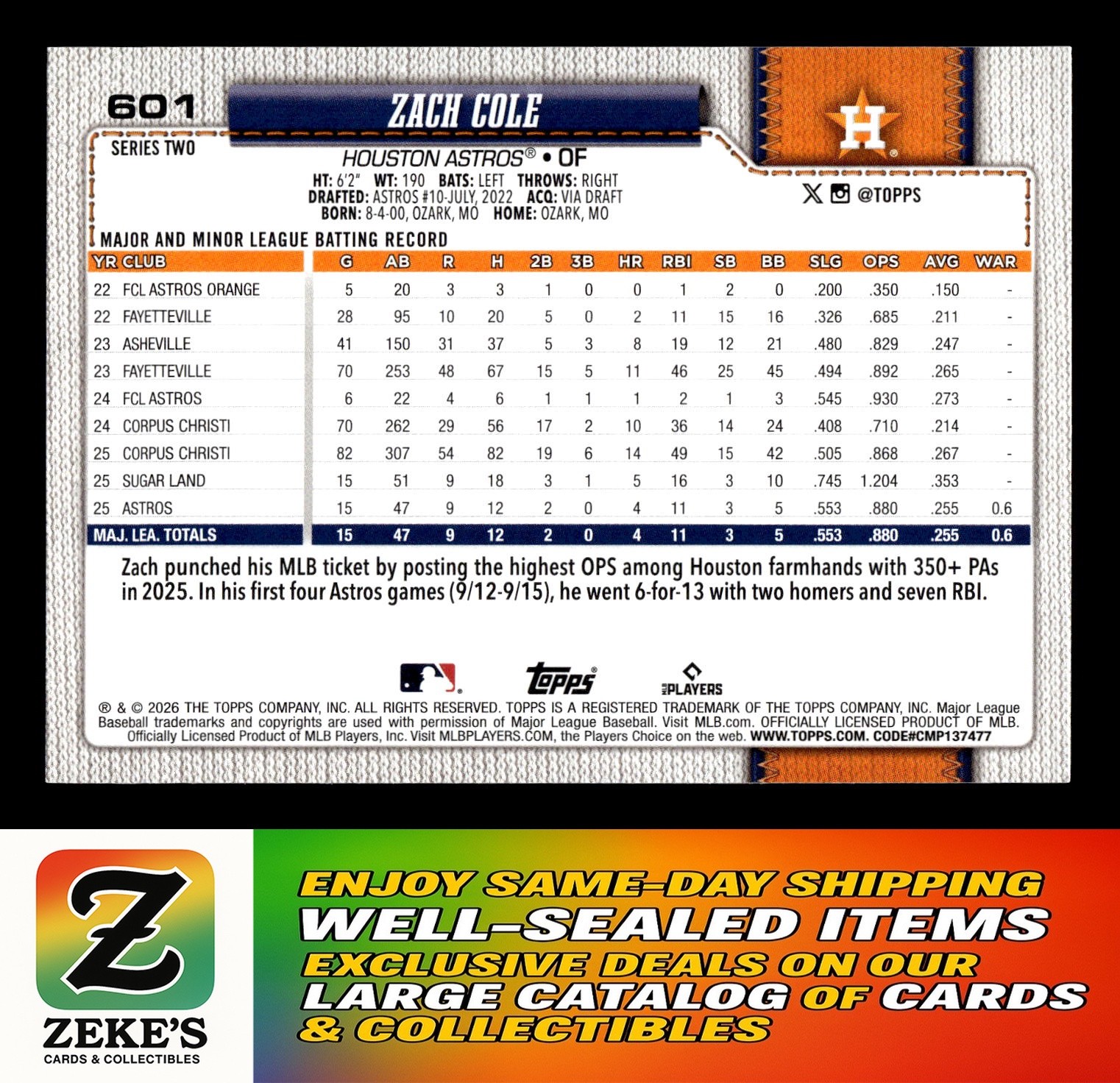 2026 TOPPS SERIES 2 #601 ZACH COLE RC ASTROS