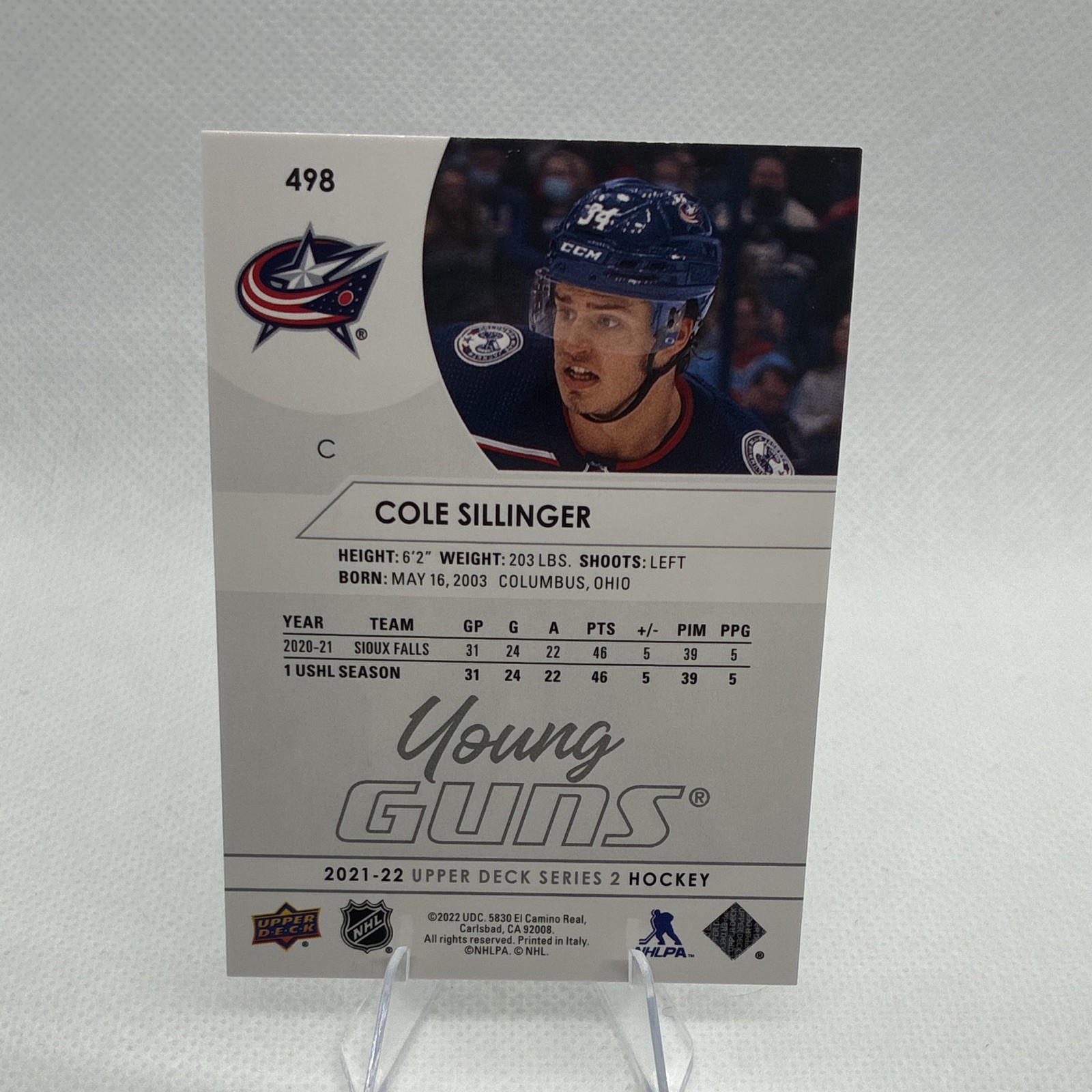 Upper Deck 2021-22 Series 2 Young Guns Cole Sillinger #498 Rookie Base