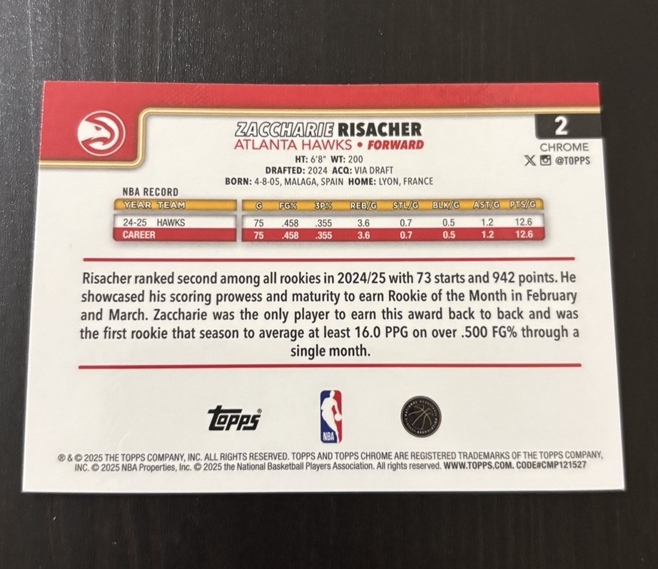 2025-26 Topps Chrome Zaccharie Risacher Image Variation #2