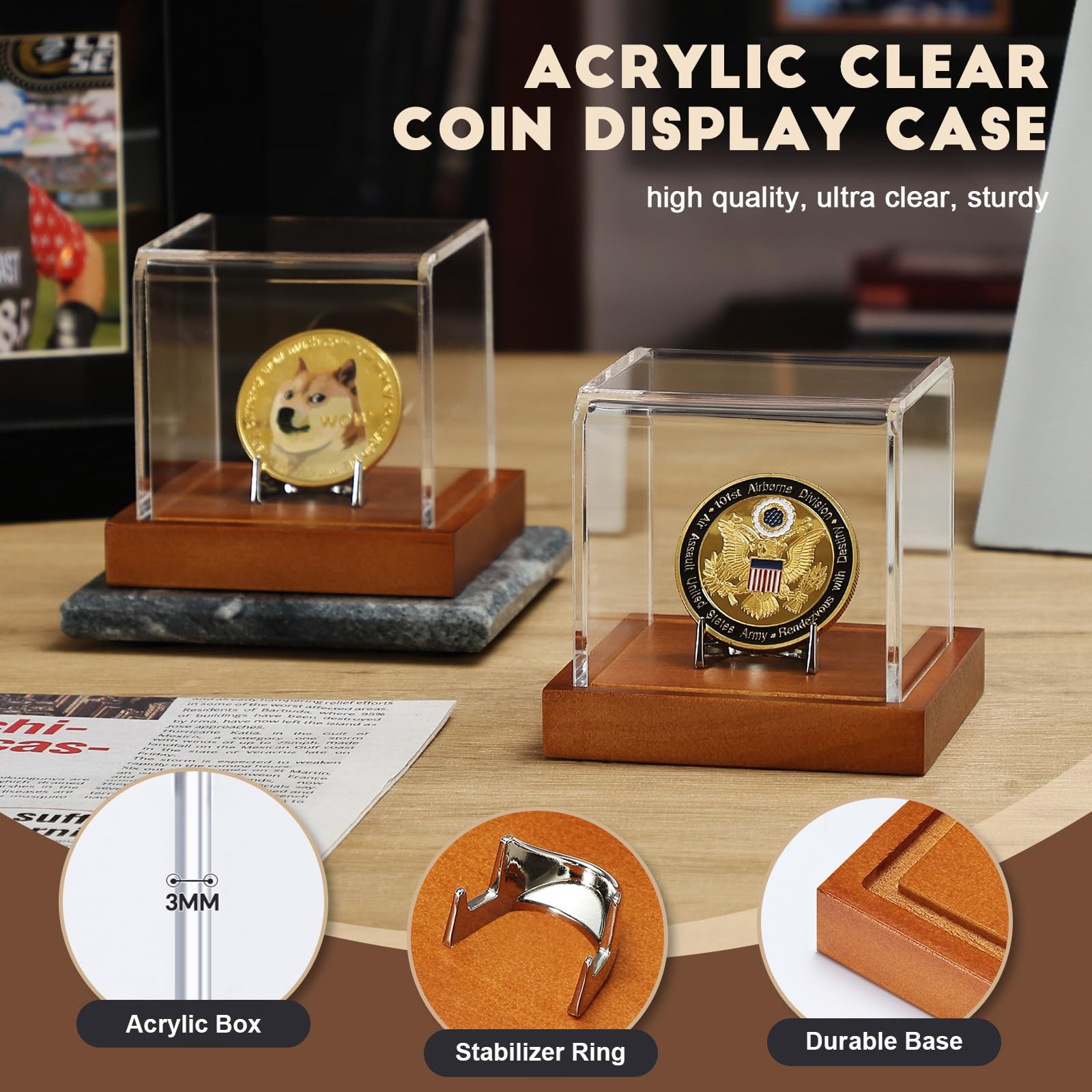 Coin Display Case, Clear Acrylic Showcase with Wood Base & Alloy Holder for S…