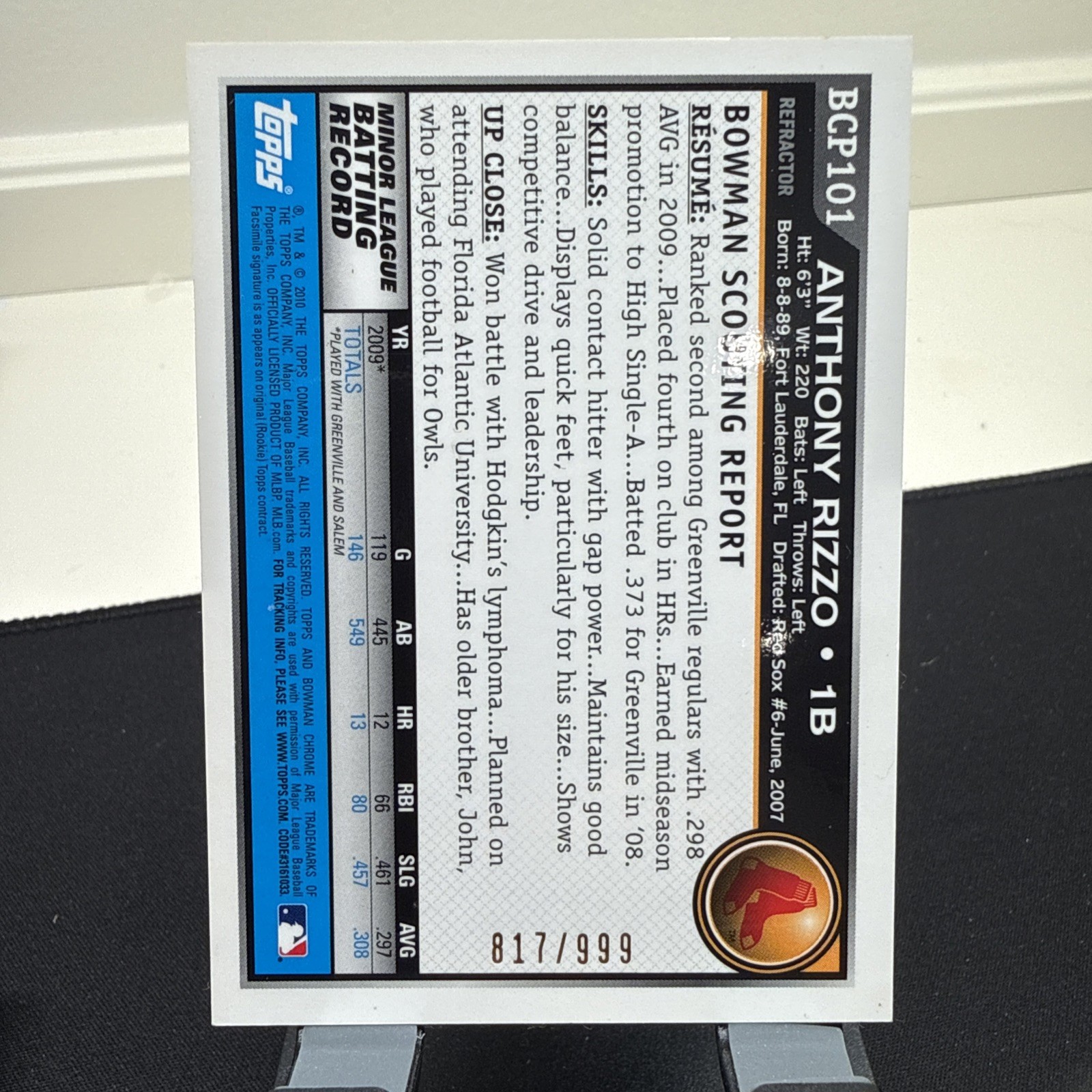 2010 Bowman Chrome – Prospects Anthony Rizzo #BCP101 Purple Refractor /999 (RC)