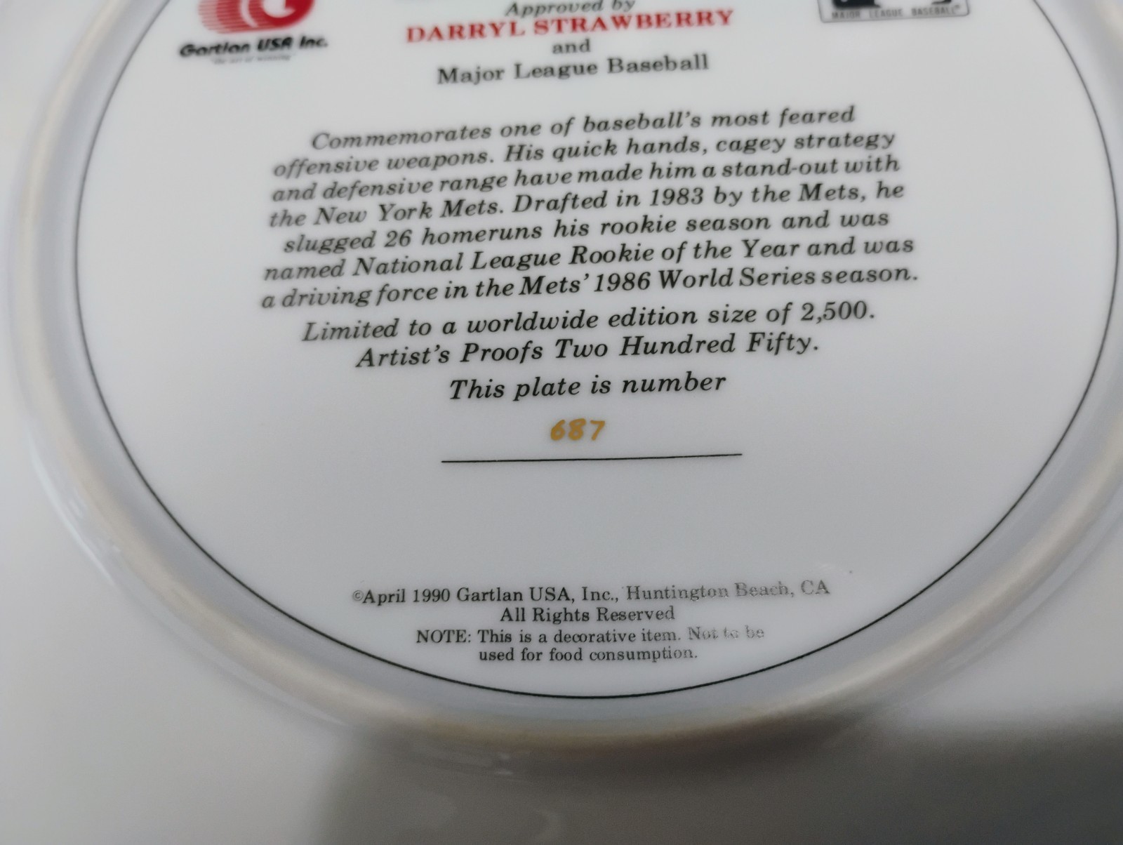Darryl Strawberry signed Gartlan plate /2500 auto autograph New York Mets