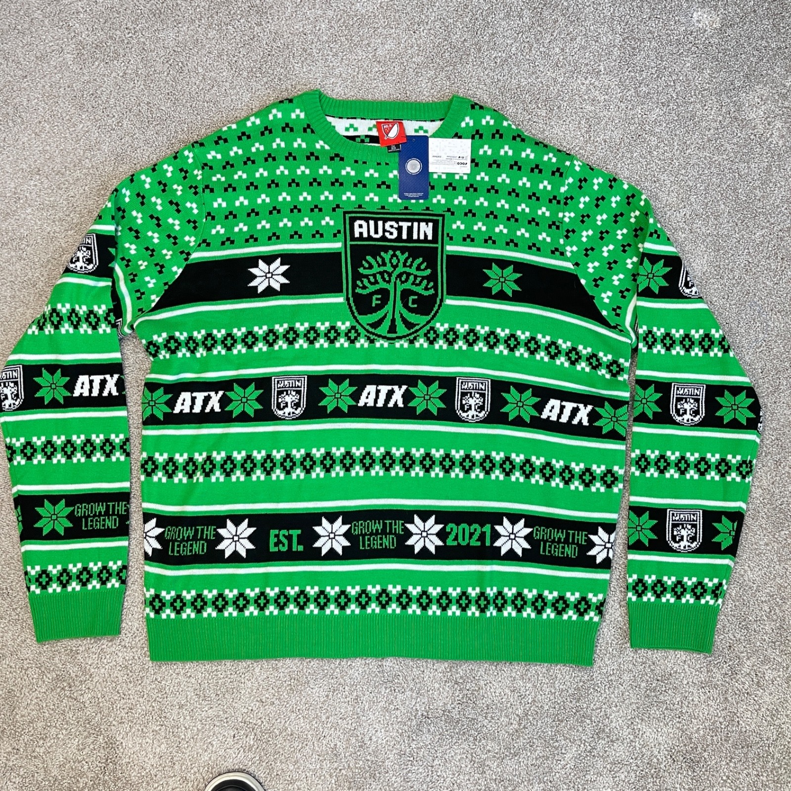 Austin FC Men’s 2XL Christmas Sweater Green Festive Holiday MLS Pullover Ugly