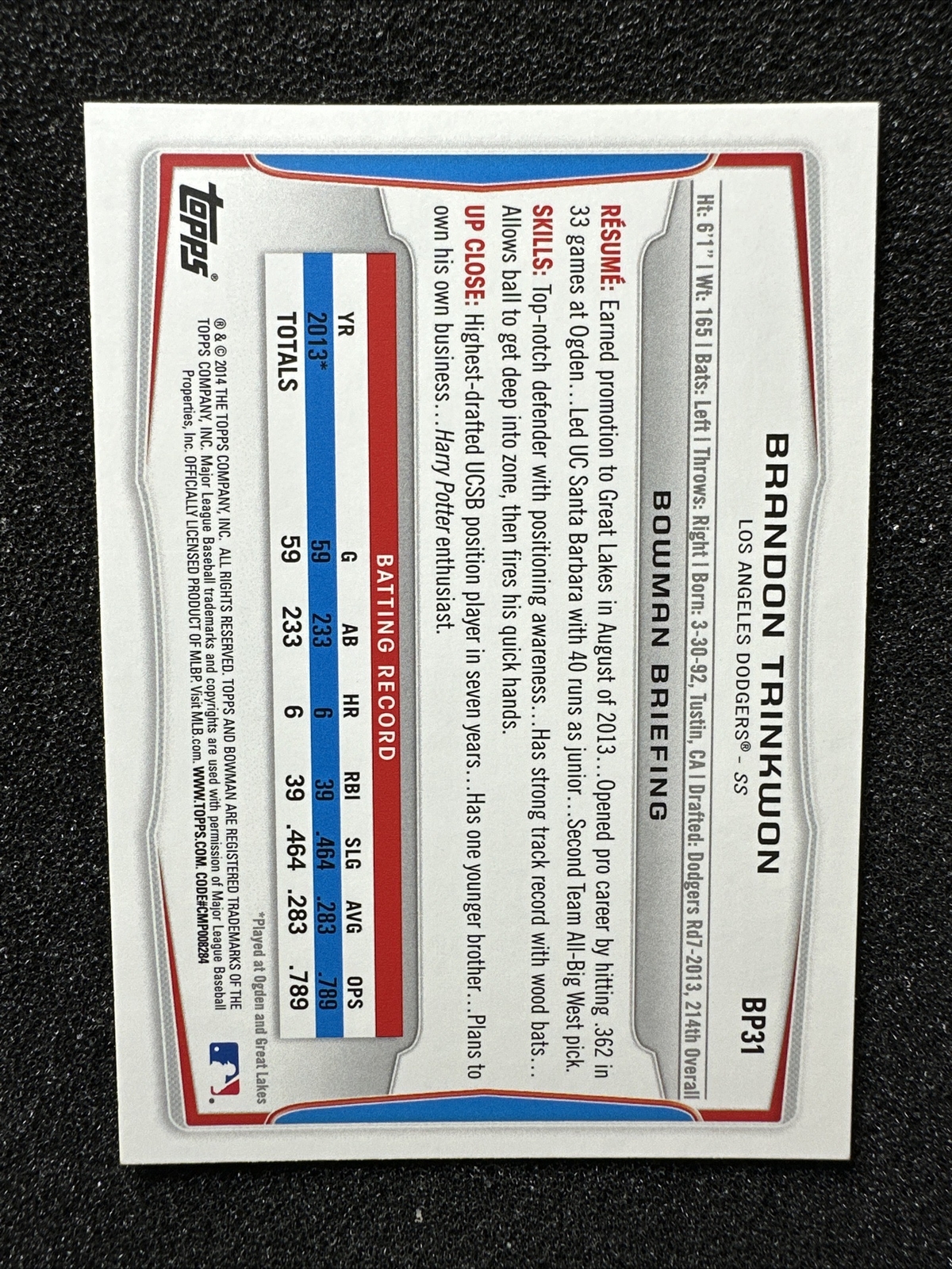 BRANDON TRINKWON #BP31 2014 Bowman Baseball Prospects Rookie/Prospect QTY