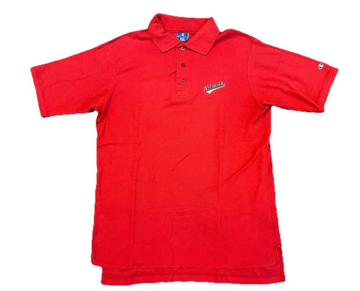 Vintage Champion Nebraska Cornhuskers Polo Shirt Large Made In USA Red 90s Embro