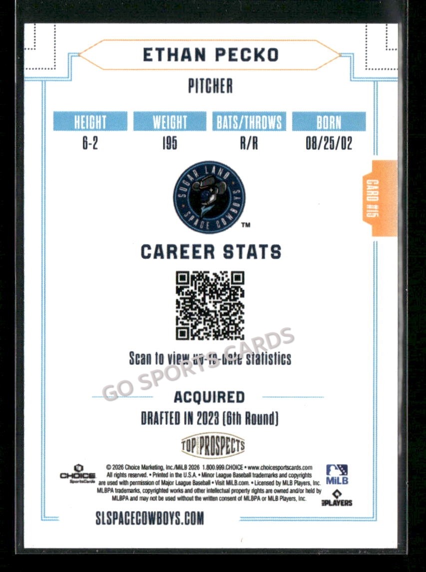 2026 AAA Top Prospects Sugarland Space Cowboys Ethan Pecko RC Rookie Astros
