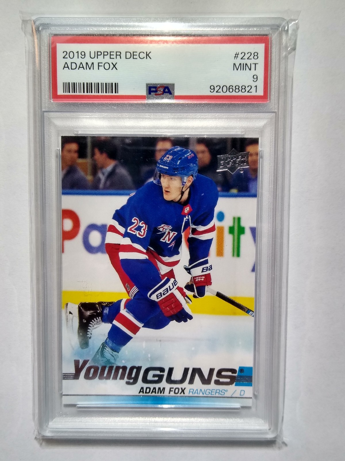 2019-2020 Upper Deck Young Guns Adam Fox rookie card / PSA 9 / RC / #228 – NYR