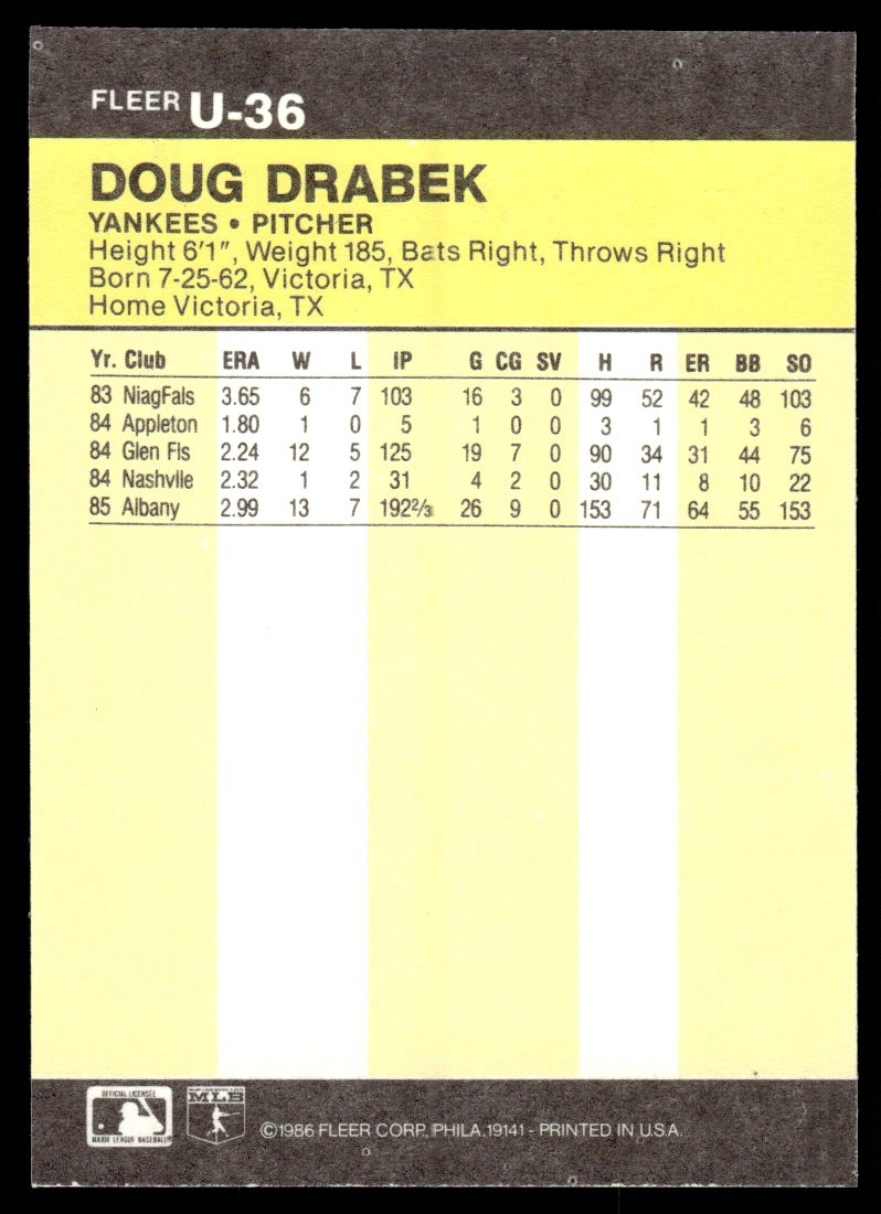 1986 Fleer Update Doug Drabek Rookie #U-36