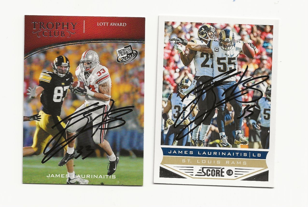 JAMES LAURINAITIS RAMS 2 CARD AUTOGRAPHED LOT