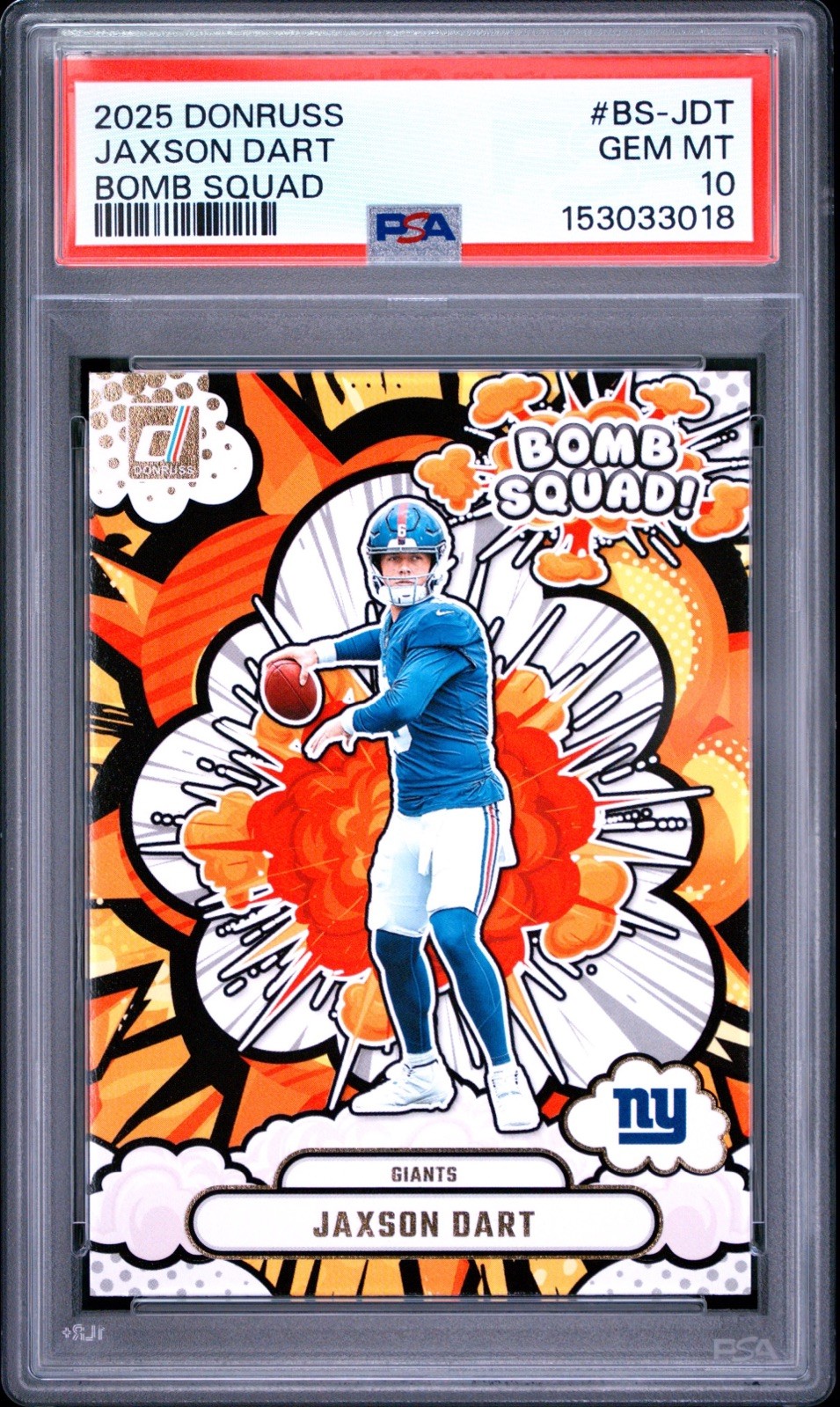 2025 Panini Donruss – Bomb Squad Jaxson Dart #BS-JDT (RC) PSA 10