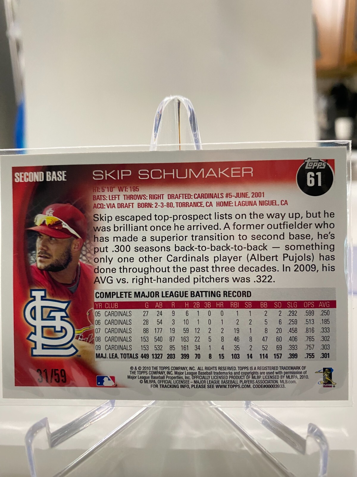 2010 Topps Black Border Skip Schumaker #61 Serial #’d 31/59 NM/MT