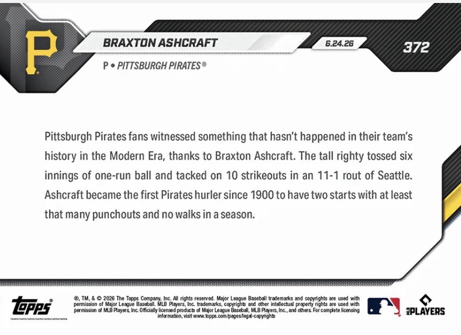 💥2026 Topps Now #372💥BRAXTON ASHCRAFT 10 K’s 0 Walks – Presale – Pirates