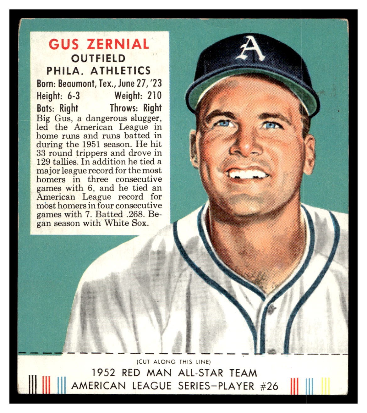 1952 Red Man BASEBALL #AL26 Gus Zernial With Tab RM2