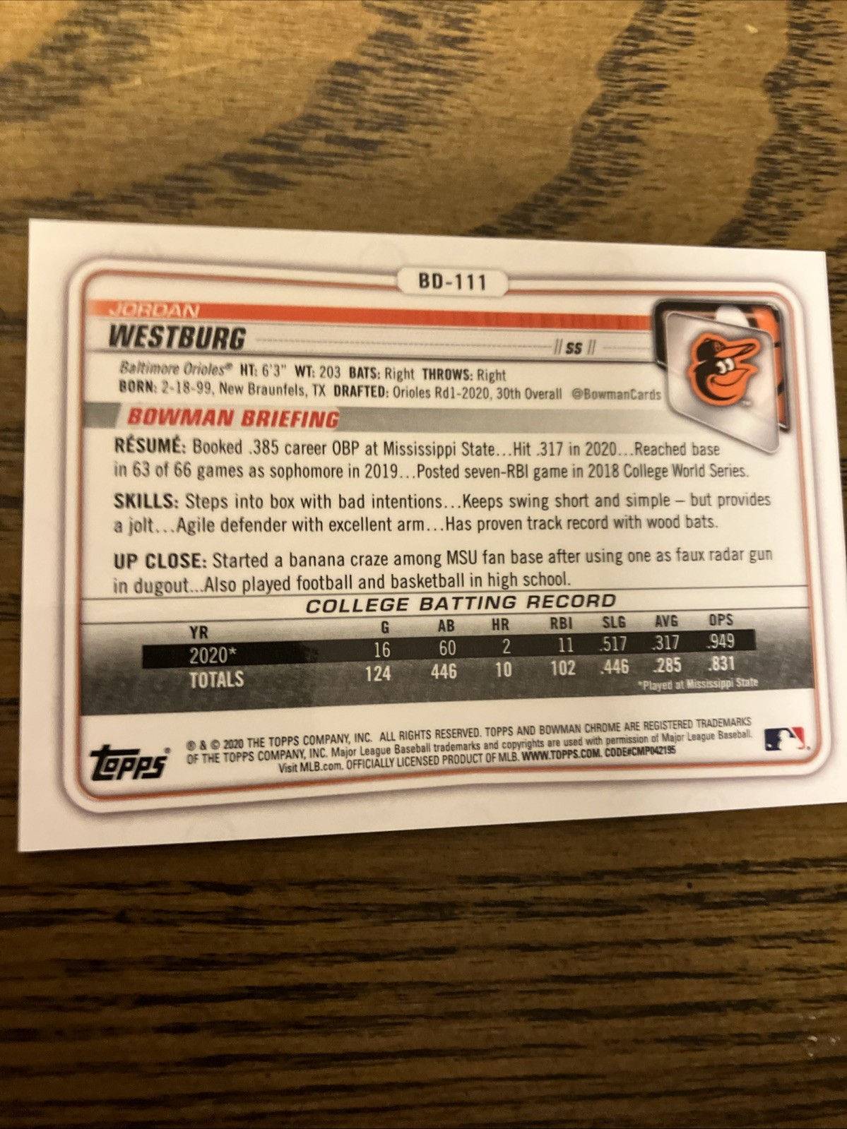 2020 bowman chrome Gold Refractor Jordan Westburg ￼non Auto