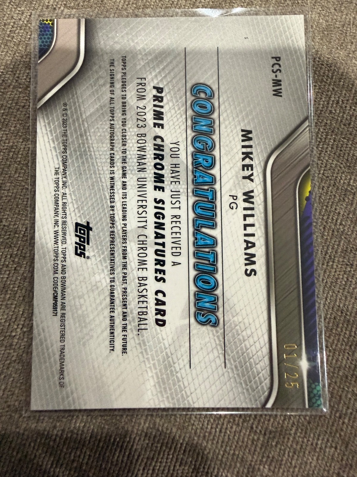 2023 Bowman University Chrome Mikey Williams Prime Signatures Auto /25 PCS-MW