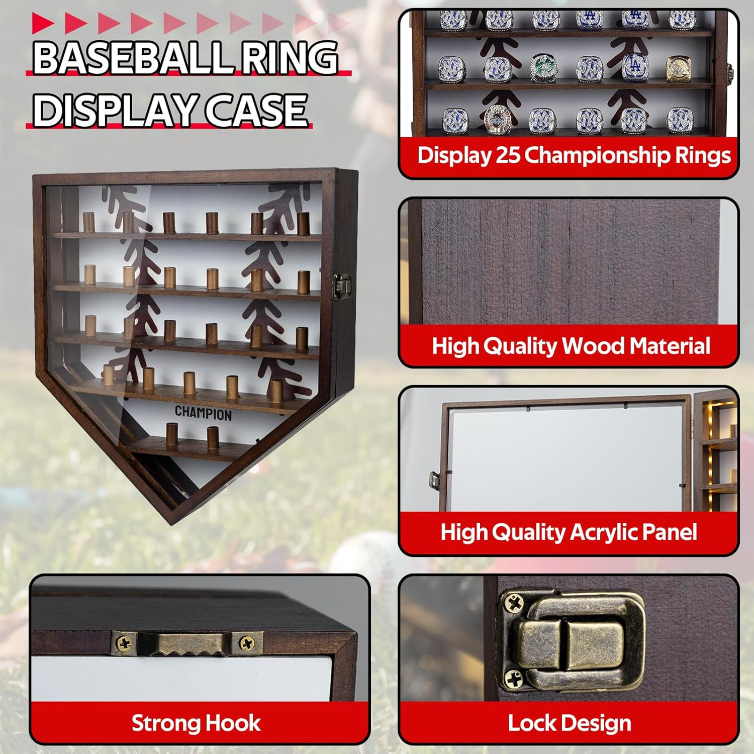 LED Baseball Ring Display Case for 25 Rings – Wall Mount Shadow Box