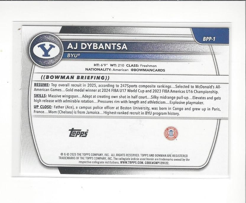 2025-26 Bowman University Prospects #BPP1 AJ Dybantsa Rookie BYU Wizards