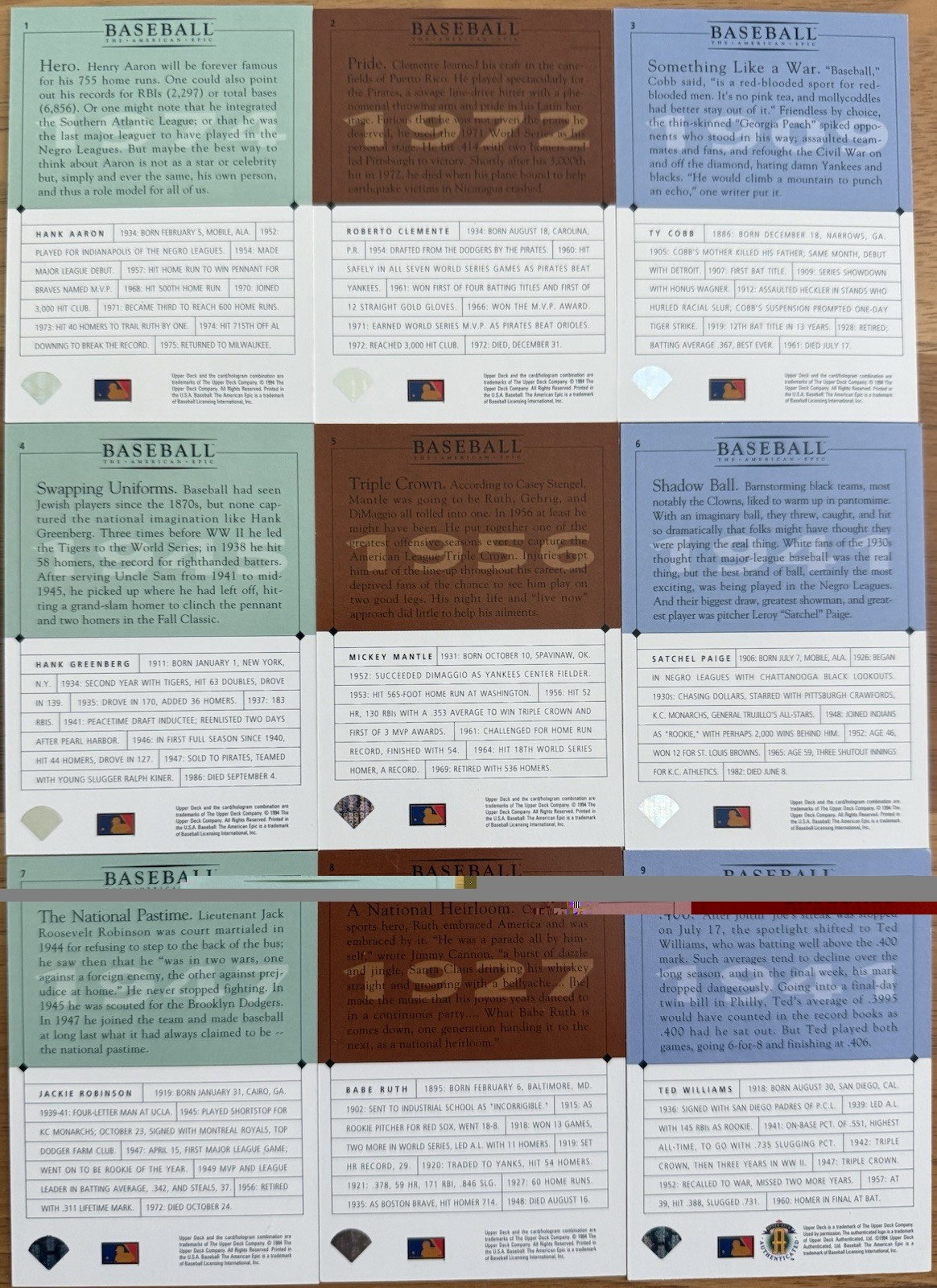 1994 Upper Deck GM Preview Set of 9 Different Baseball Cards