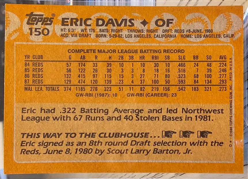 1988 Topps Eric Davis #150 Cincinnati Reds