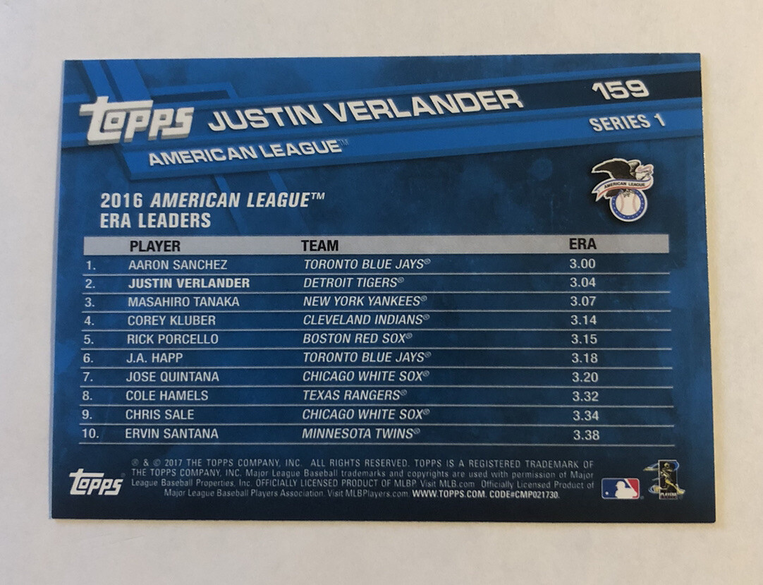 Justin Verlander 2017 Topps League Leaders #159 Tigers