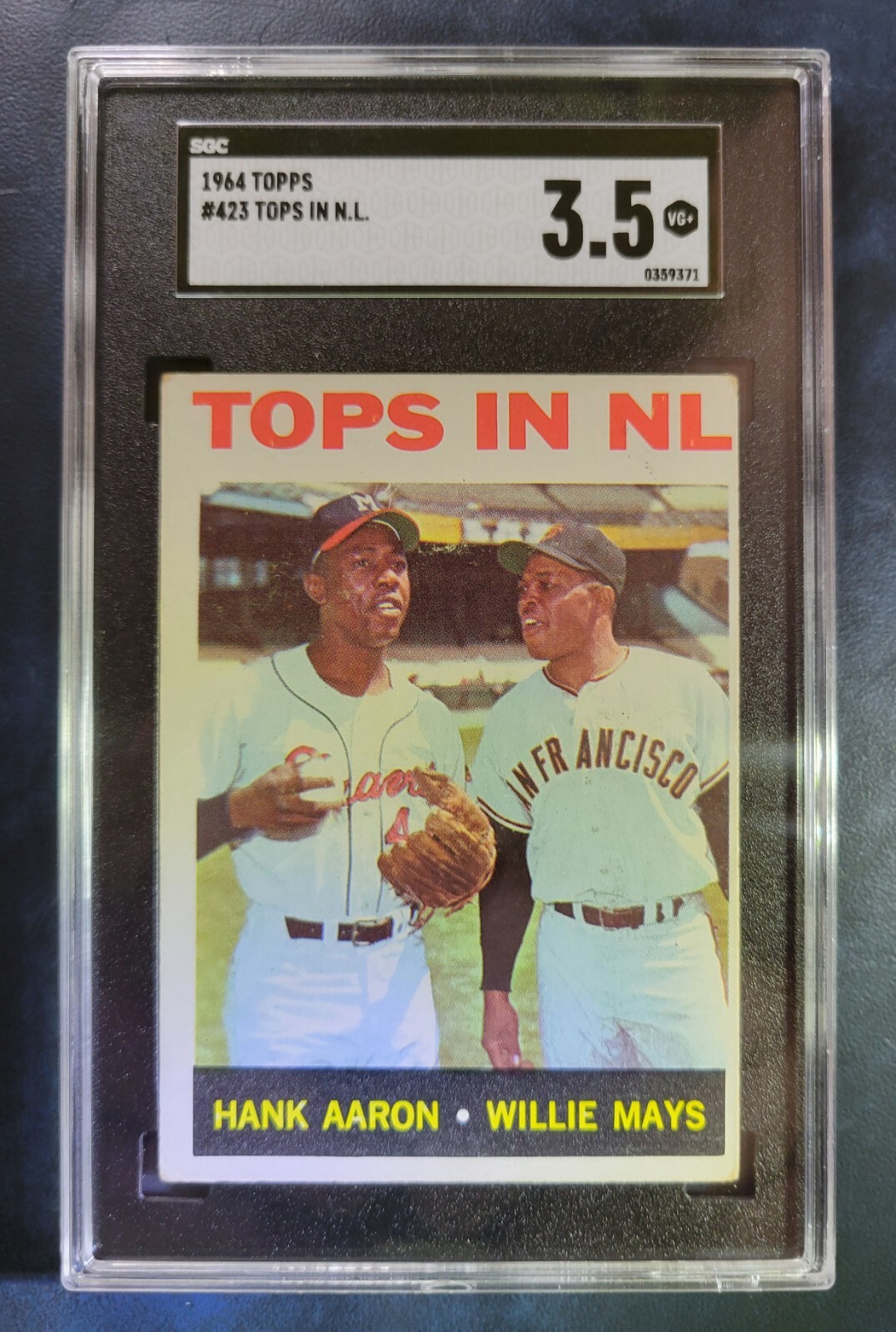 1964 TOPPS #423 HANK AARON / WILLIE MAYS TOPS IN N.L. SGC 3.5