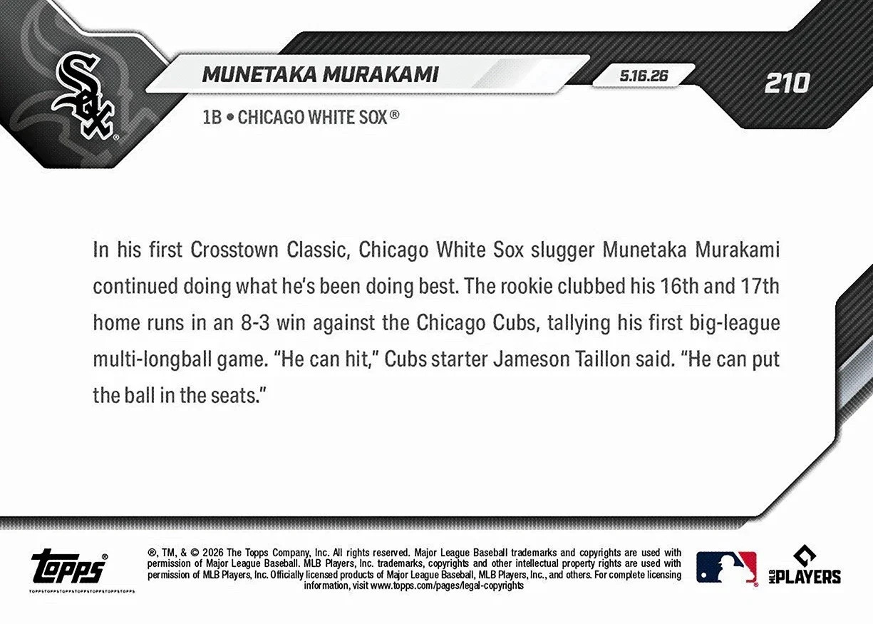 Munetaka Murakami RC – 2026 MLB Topps NOW Card 210 Chicago White Sox Multi HR
