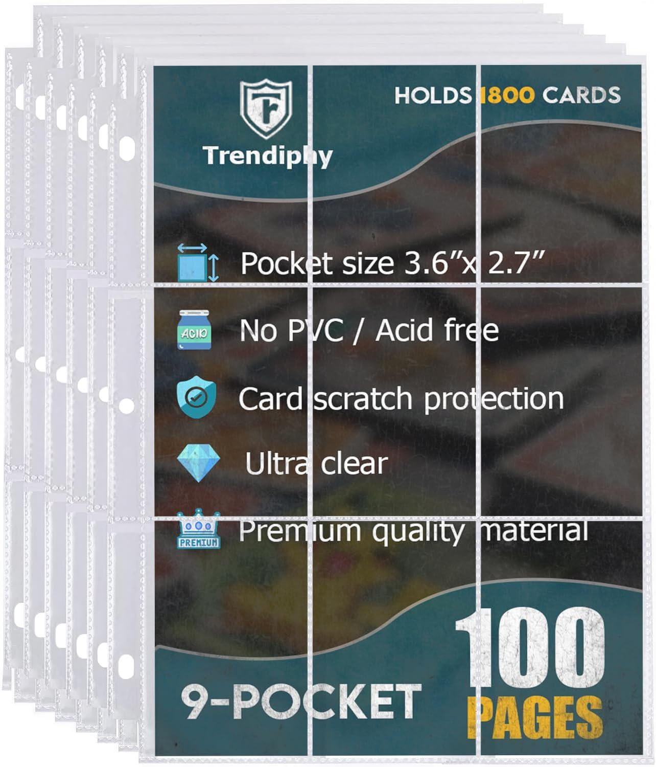 1800 Pockets Trading Card Sleeves, Premium 9-Pocket 100 Pages, Double-Sided Base