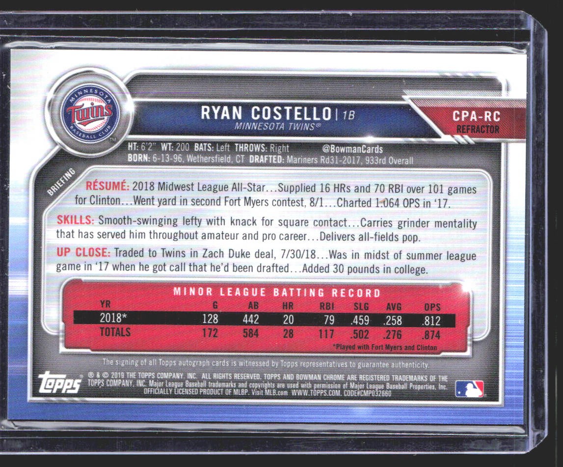 Ryan Costello 2019 Bowman Chrome Prospect Autographs Refractor SN,AU #/499