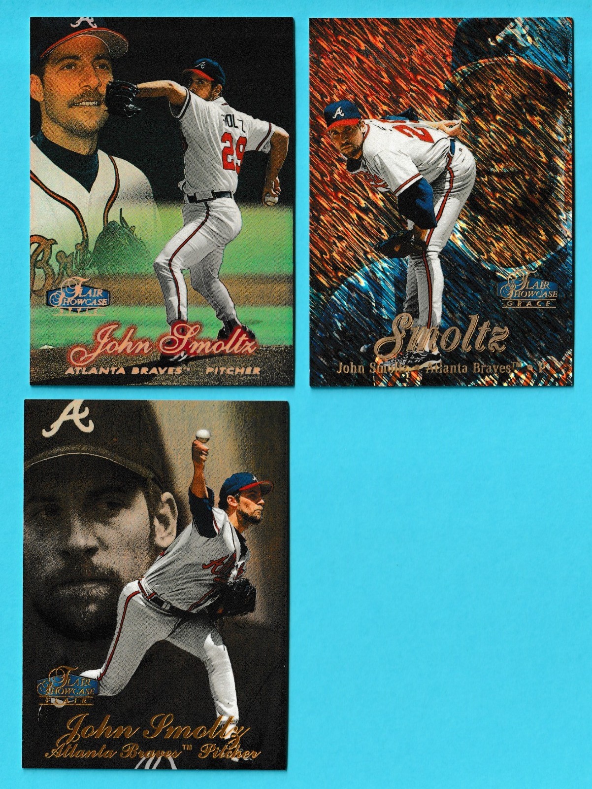 (3) card 1998 Flair Showcase John Smoltz Braves Lot #61 Row 1, 2 & 3 (KCR)