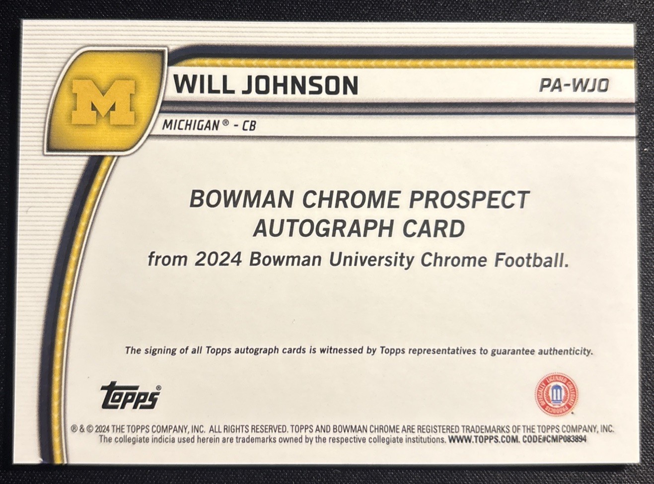 2024 Bowman U Chrome Prospect Will Johnson #PA-WJO Auto Rookie Michigan RC