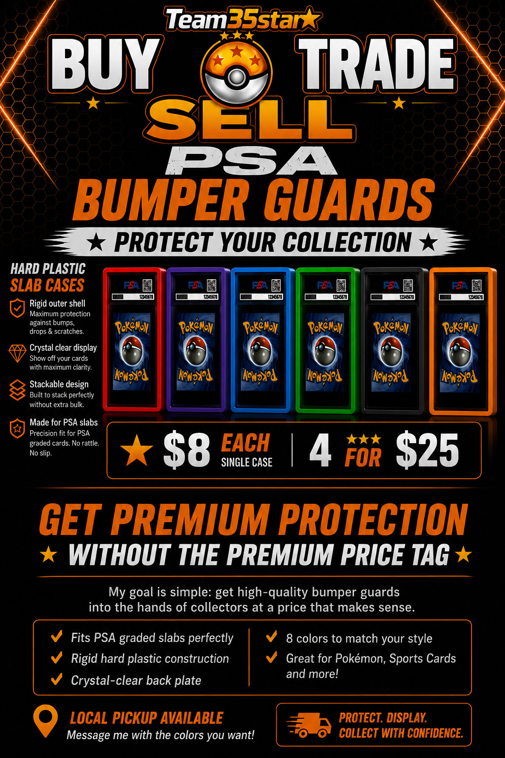 PSA Hard Plastic Bumper Guard Crystal Clear Back Plate | 8 Colors | 4 for $25
