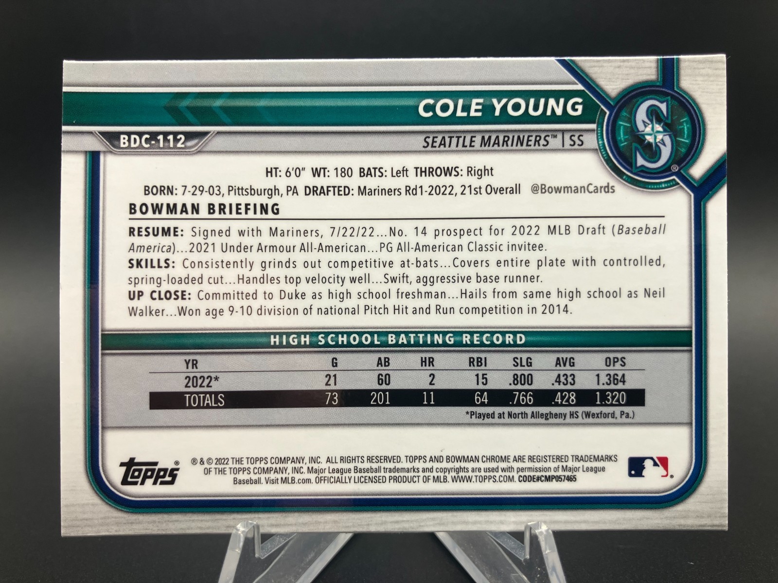 Cole Young 2022 Bowman Draft 1st Sapphire Refractor # BDC-112 Mariners