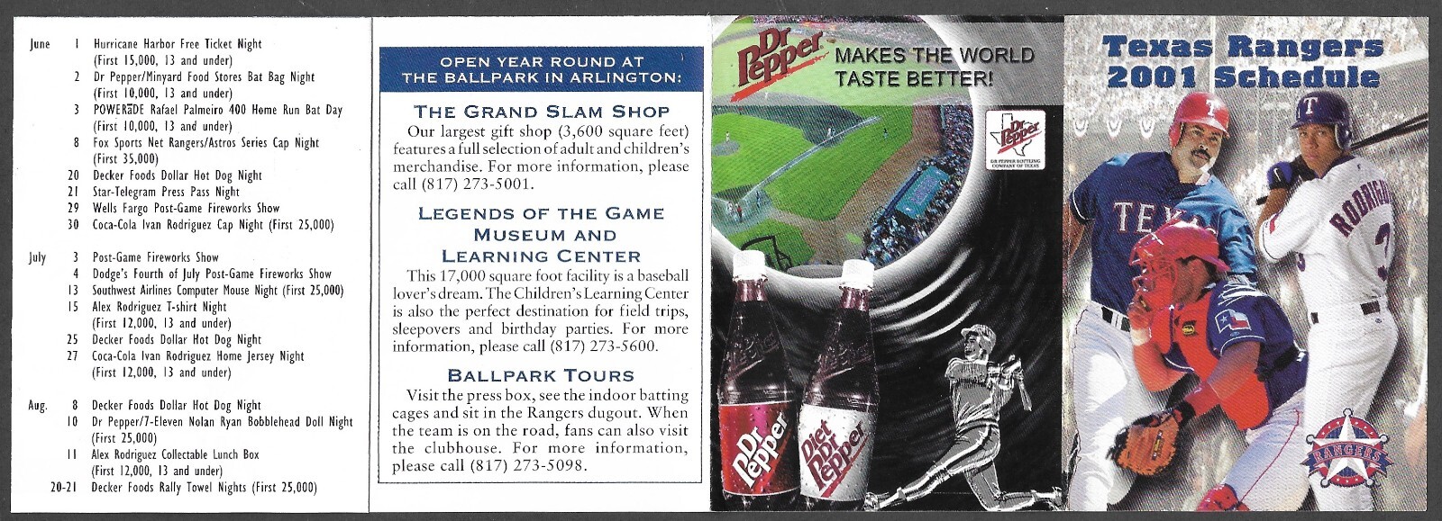 2001 TEXAS RANGERS Dr Pepper Regular Season POCKET SCHEDULE NM