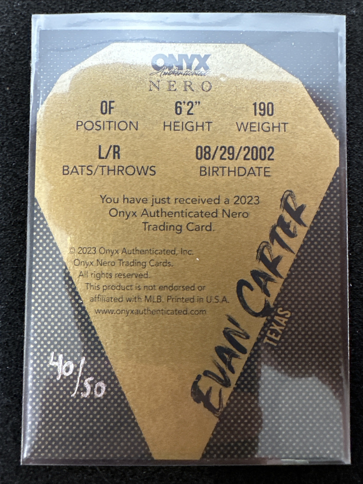 Evan Carter – 2023 Onyx Extended Baseball NERO On Card Autograph #40/50