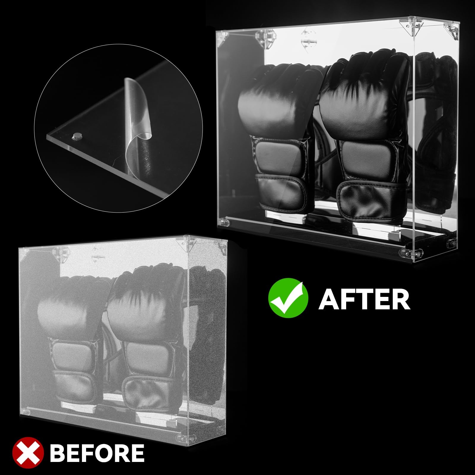MMA Glove Display Case with Mirror Back, 2 Glove Holder, Acrylic Kickboxing S…