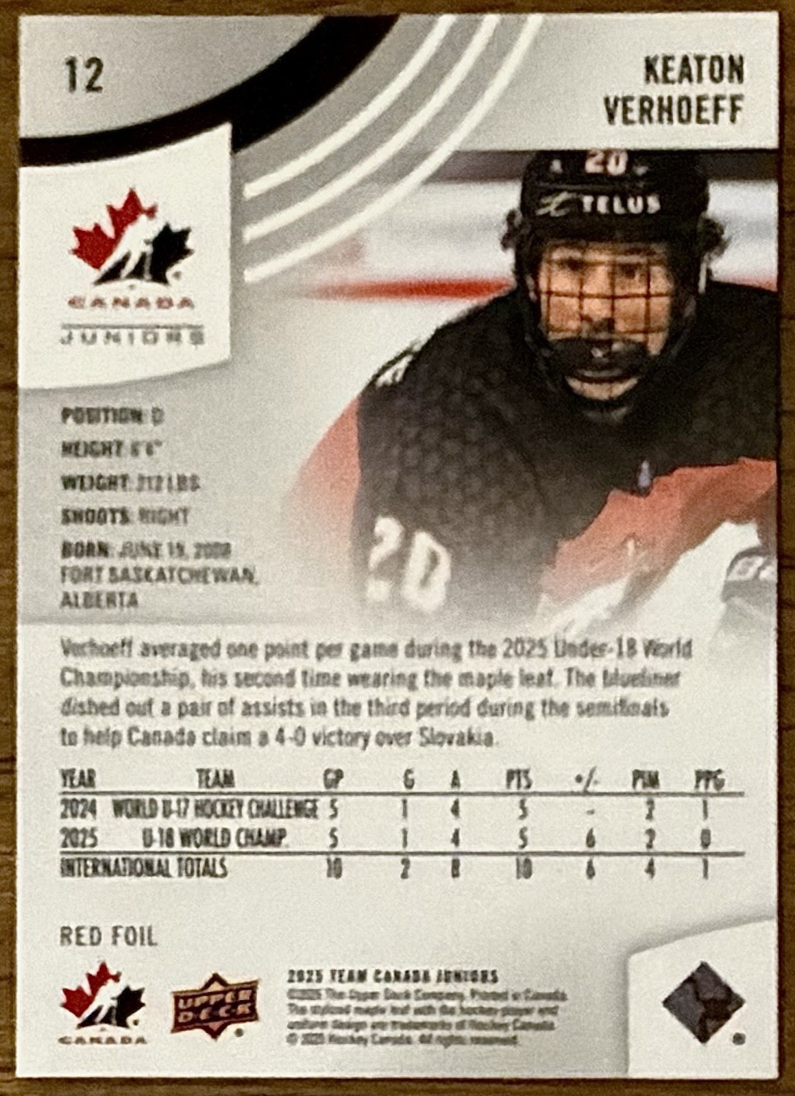 Keaton Verhoeff Rookie 2025 Upper Deck Team Canada Juniors #12 Red Foil (RC)